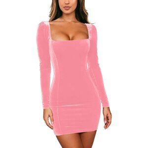 Women's Nude Pink Sexy Velvet Long Sleeve Body-con Elegant Mini Party Dress